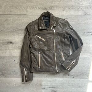 Mauritius Olive Green Leather Biker Jacket with Snap Collar